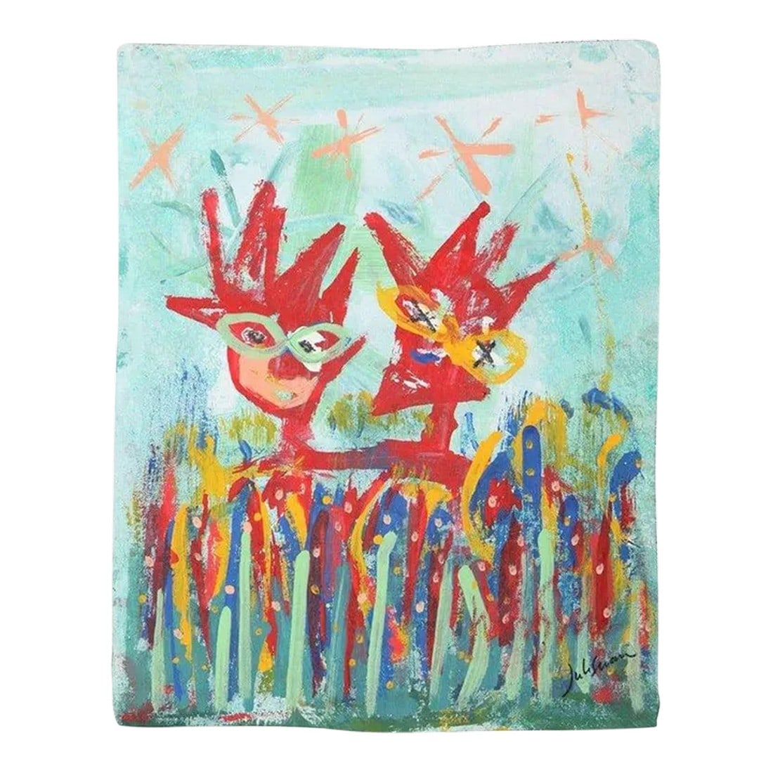 1999 "Together at Last" Neo Expressionist Folk Art Painting on Mixed Media by Julie Hermoso (1 of 8)