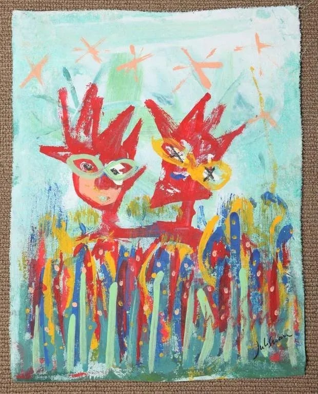 1999 "Together at Last" Neo Expressionist Folk Art Painting on Mixed Media by Julie Hermoso - 2