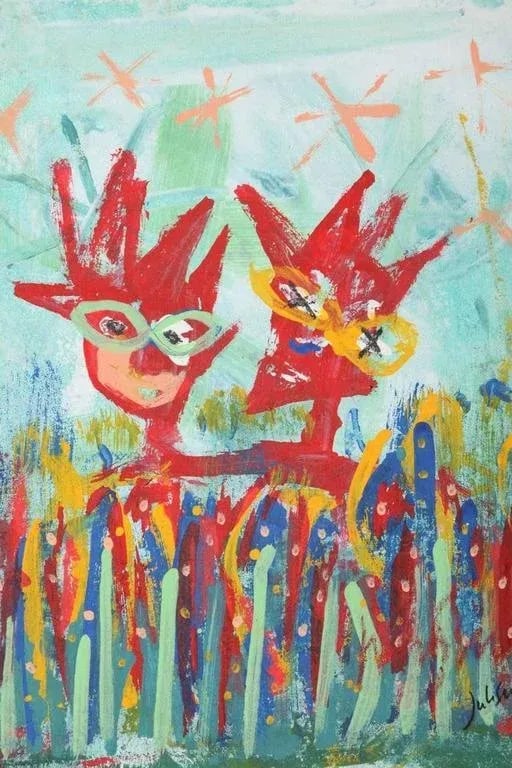 1999 "Together at Last" Neo Expressionist Folk Art Painting on Mixed Media by Julie Hermoso - 3