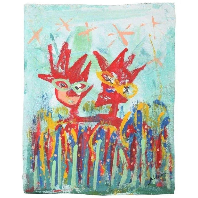 1999 "Together at Last" Neo Expressionist Folk Art Painting on Mixed Media by Julie Hermoso - 8