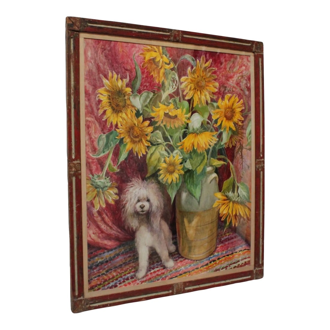 Parker Elwood Panttila "Poodle With Sunflowers" Acrylic Portrait Still Life on Canvas: Parker Elwood "Woody" Panttila (1924 - 2002, Brooklyn, NY USA) poodle living room vignette including a ceramic urn with sunflowers, a fuchsia drape backdrop and multi-colored rug. Painted frame is
