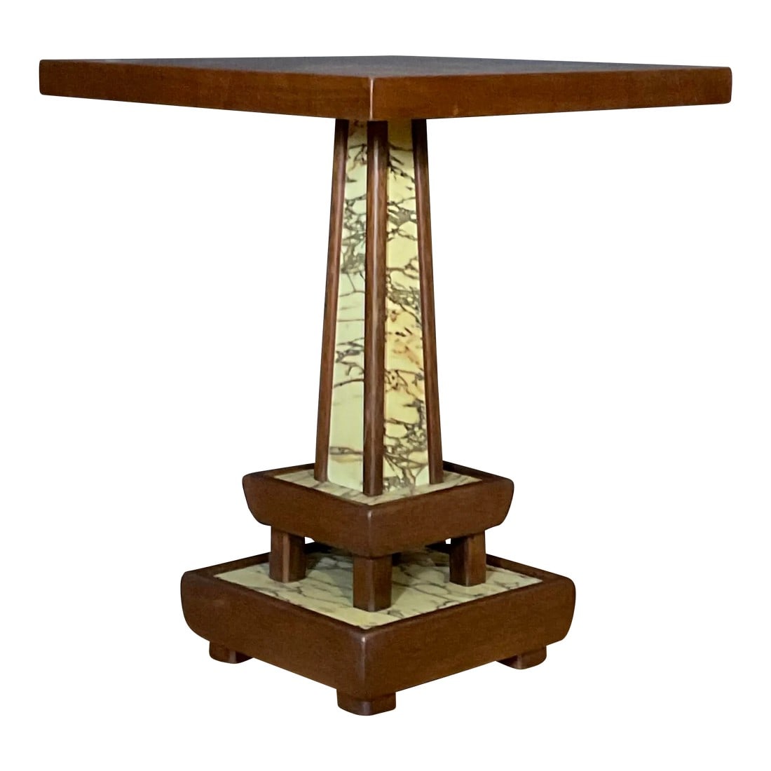 Vintage Walnut Marbleized Modern Decorative Side Table, Circa 50s 60s: This is a unique marbleized walnut end table from the late 50's early 60's. This table features step levels of marbleized formica, solid walnut, split face walnut veneer center. Incised numbers 2671