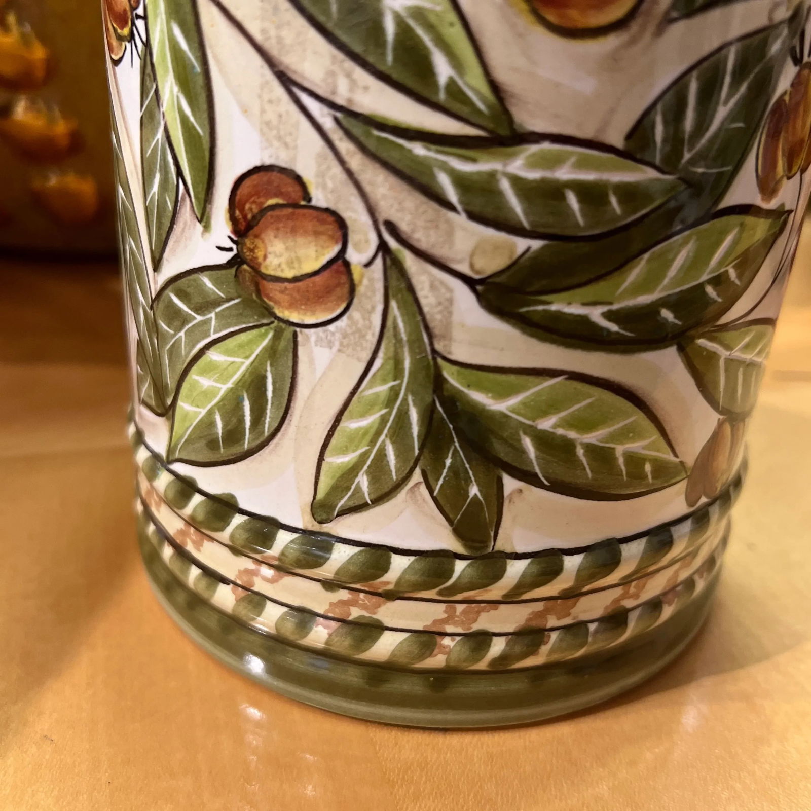 Italian Hand Painted Ceramic Canister With Lid in Ivory and Olive-Green Colors - 5