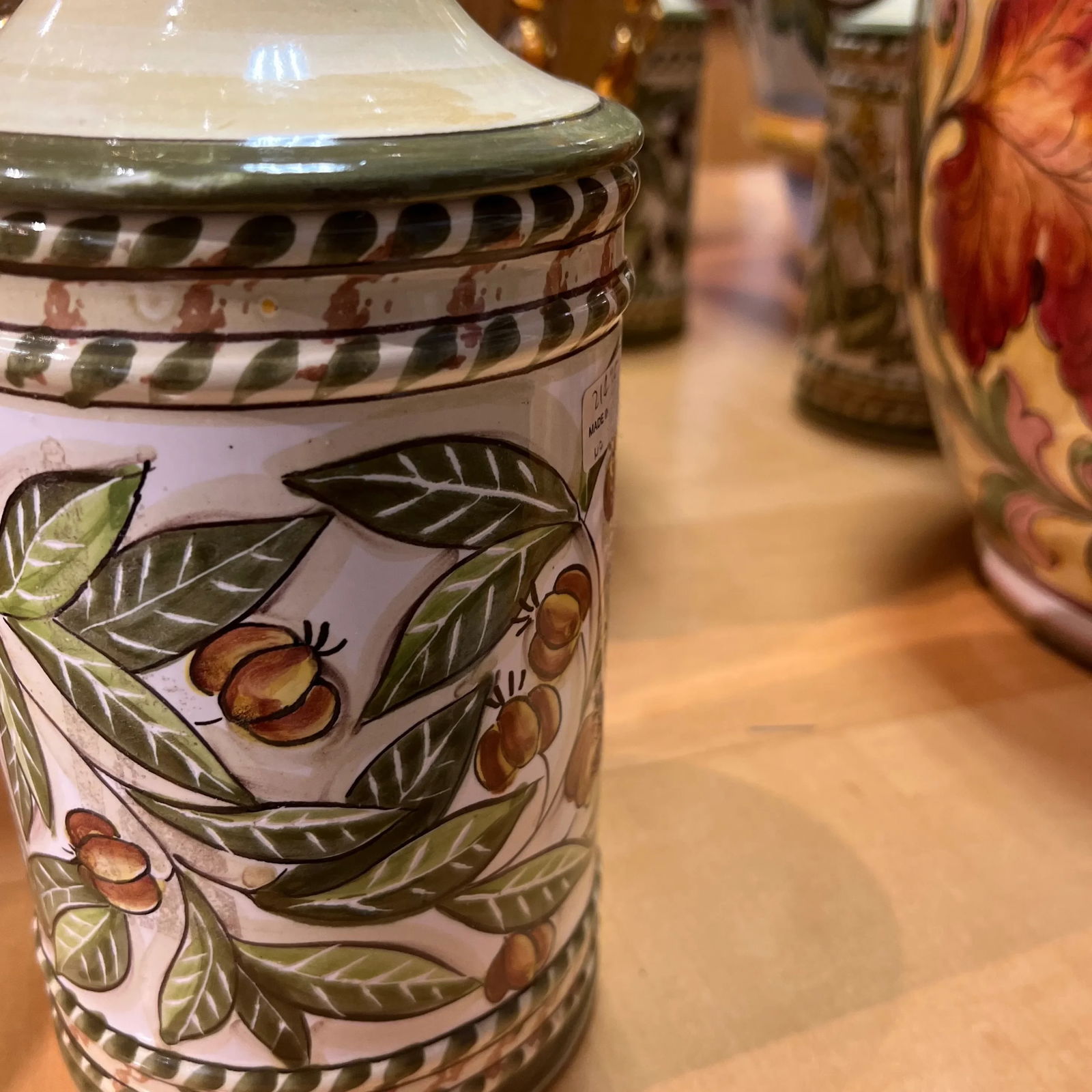 Italian Hand Painted Ceramic Canister With Lid in Ivory and Olive-Green Colors - 7