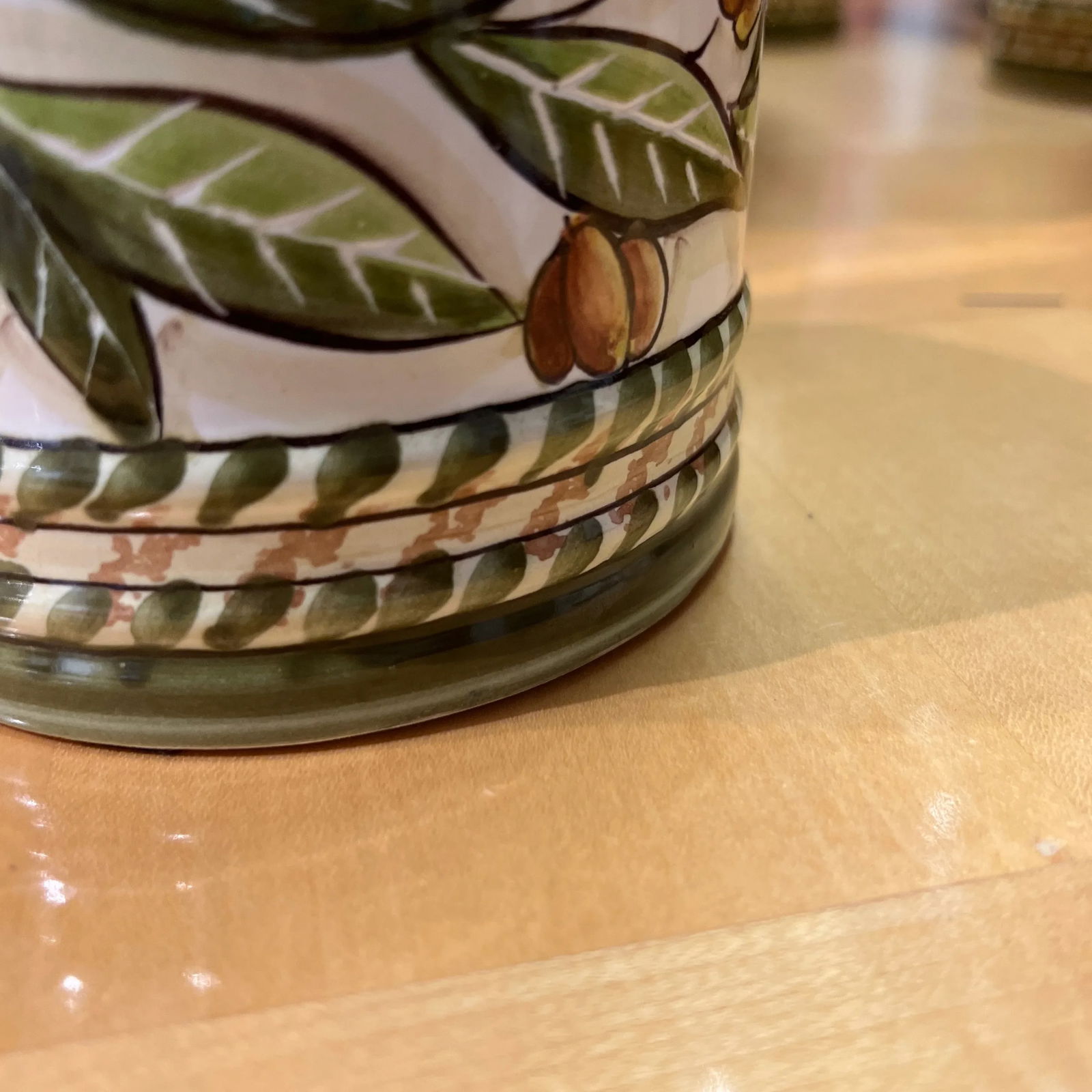 Italian Hand Painted Ceramic Canister With Lid in Ivory and Olive-Green Colors - 8