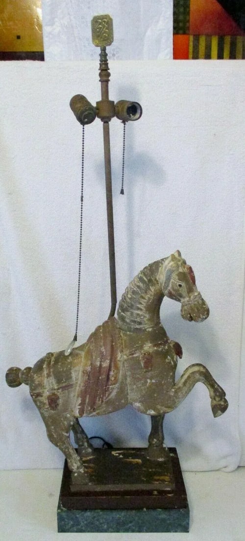 1920s Hand Carved Wooden Dynasty Tang Horse Table Lamp - 13