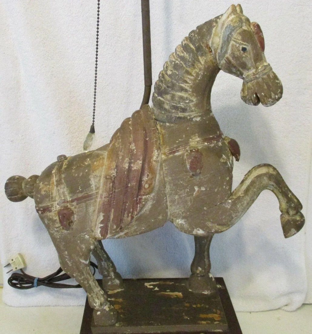 1920s Hand Carved Wooden Dynasty Tang Horse Table Lamp - 2