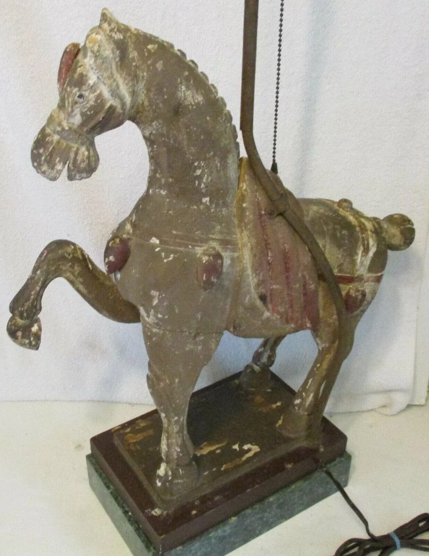1920s Hand Carved Wooden Dynasty Tang Horse Table Lamp - 3