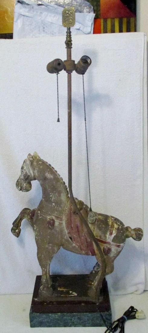 1920s Hand Carved Wooden Dynasty Tang Horse Table Lamp - 9