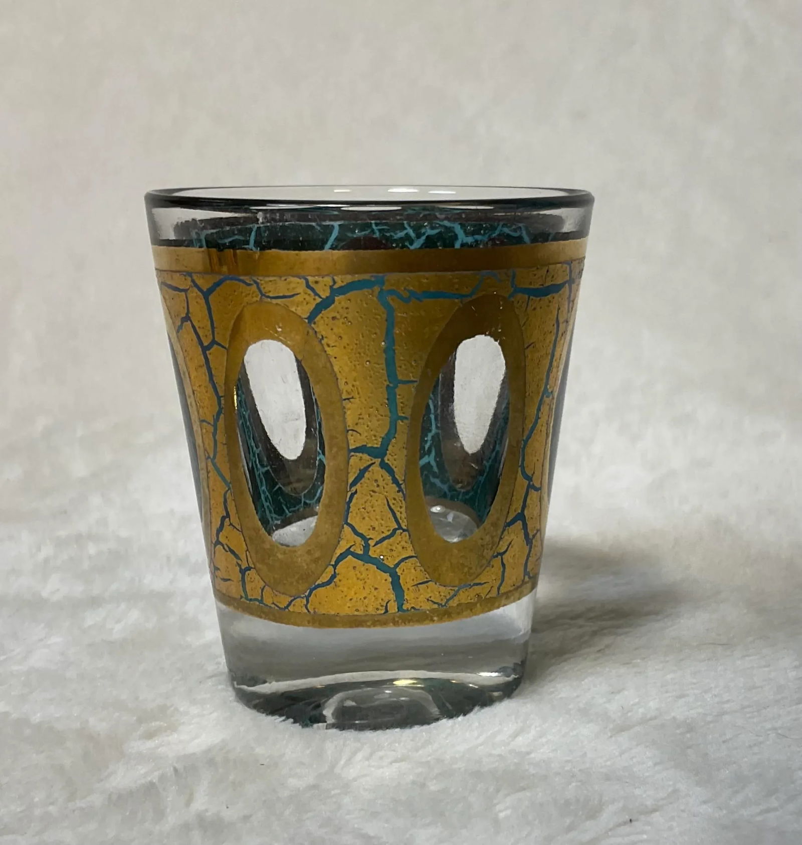 Vintage MCM Culver Gold Blue Crackle Pisa Pattern Cocktail Dispenser and Shot Glasses 22k 1960s Barw - 11