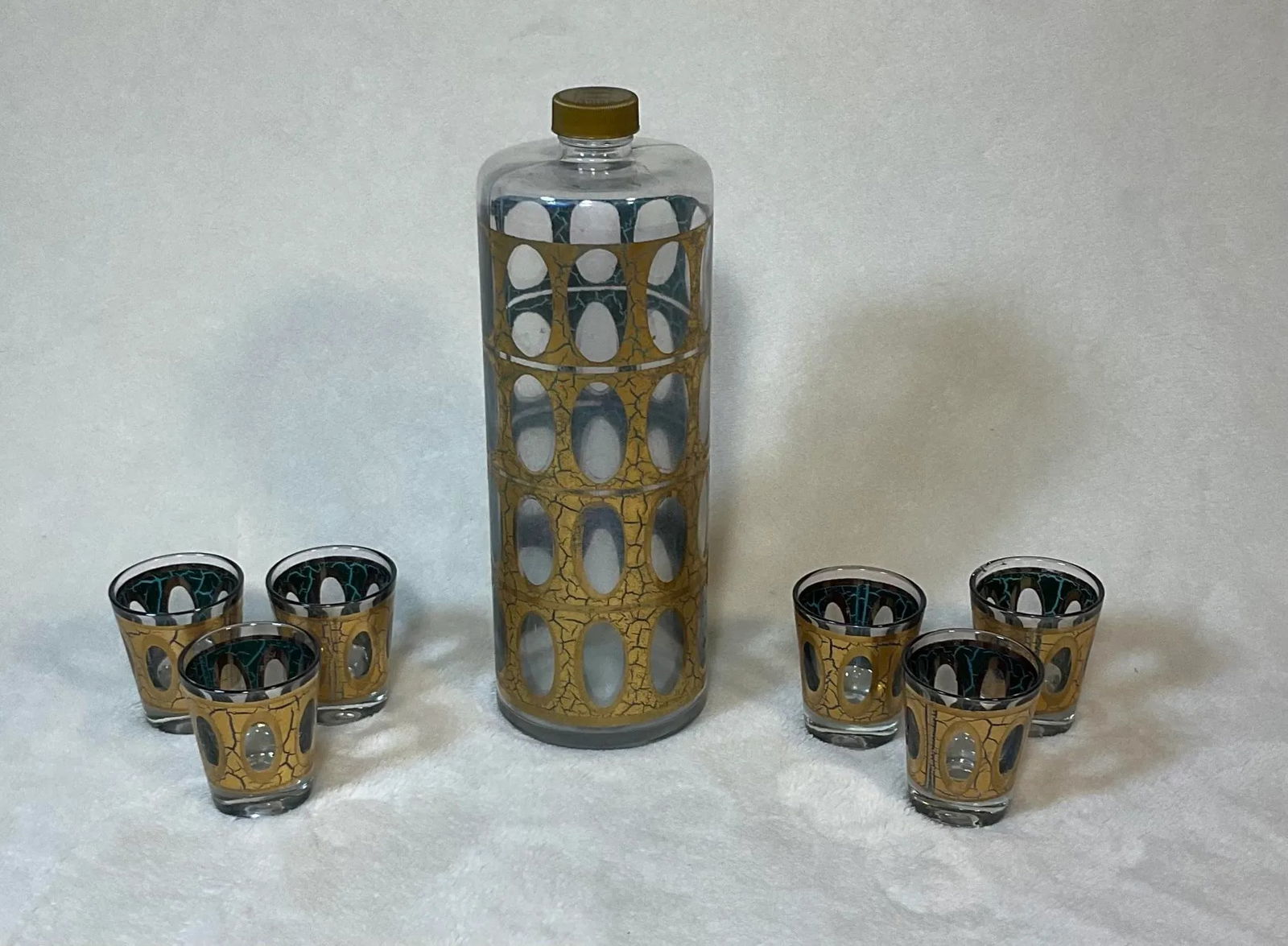 Vintage MCM Culver Gold Blue Crackle Pisa Pattern Cocktail Dispenser and Shot Glasses 22k 1960s Barw - 13