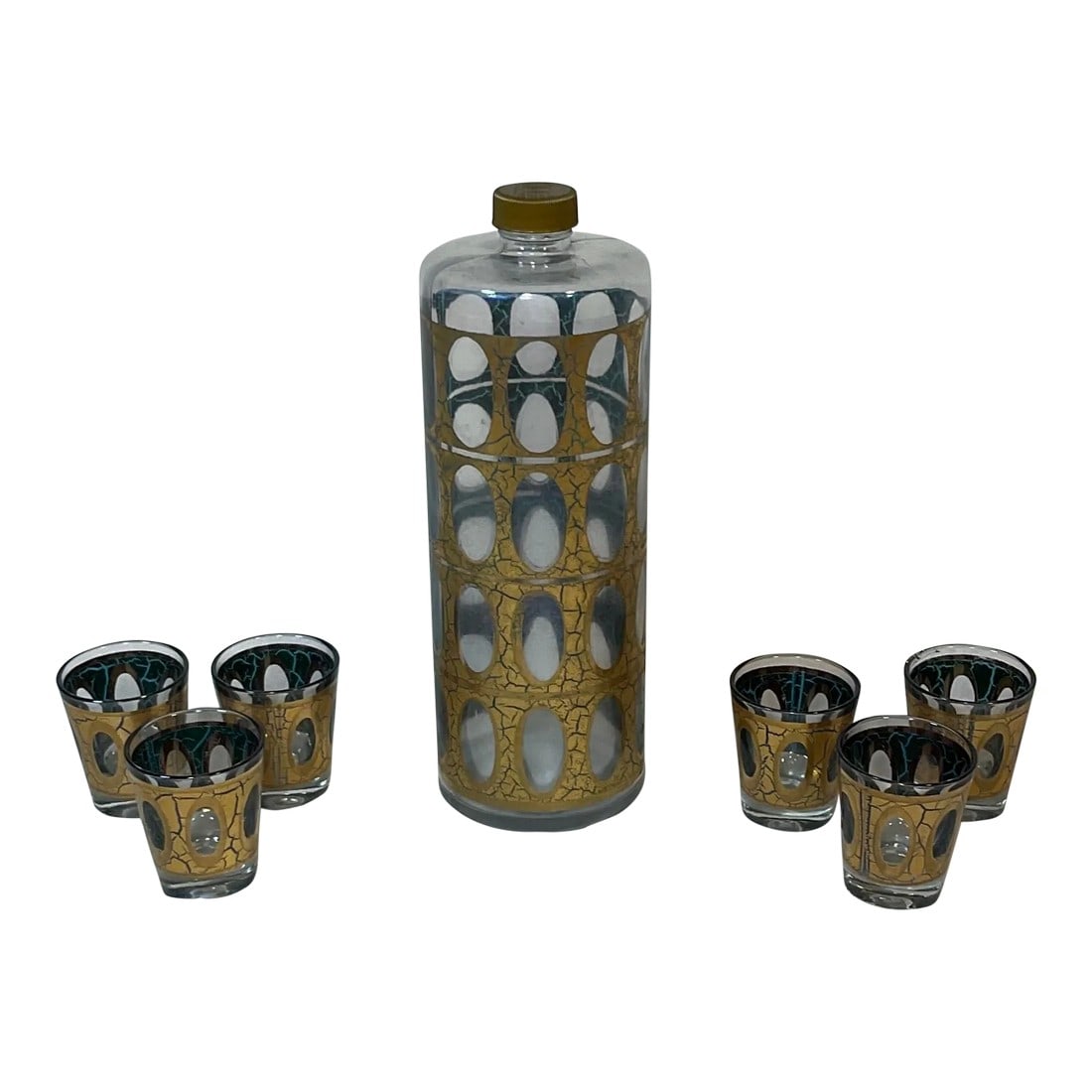 Vintage MCM Culver Gold Blue Crackle Pisa Pattern Cocktail Dispenser and Shot Glasses 22k 1960s Barw: Mid-Century Modern cocktail dispenser and 6 matching shot glasses set with 22k gold plating produced by Culver in the late 1960's. Pisa pattern, two toned inside is crackled hues of blue and green,
