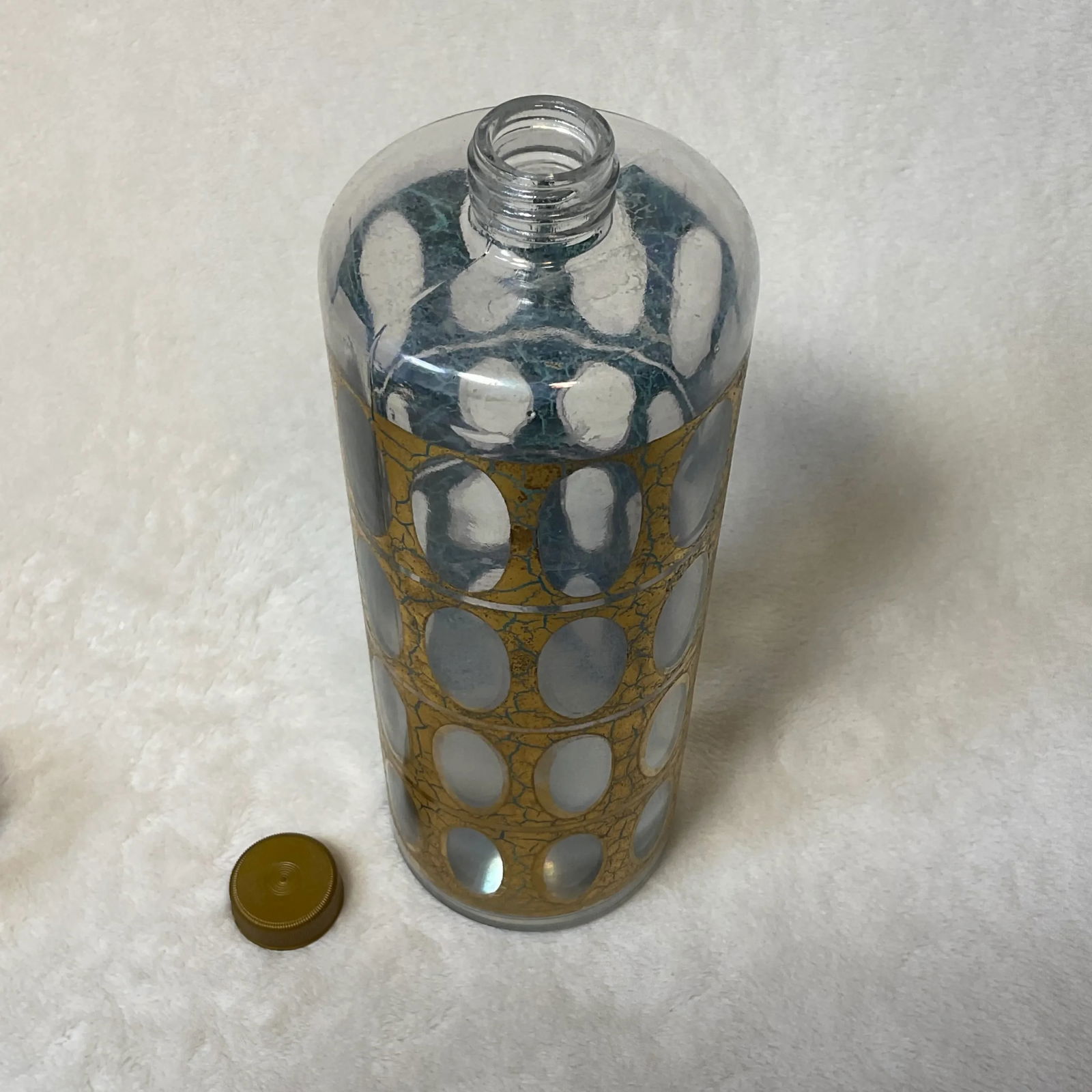 Vintage MCM Culver Gold Blue Crackle Pisa Pattern Cocktail Dispenser and Shot Glasses 22k 1960s Barw - 3