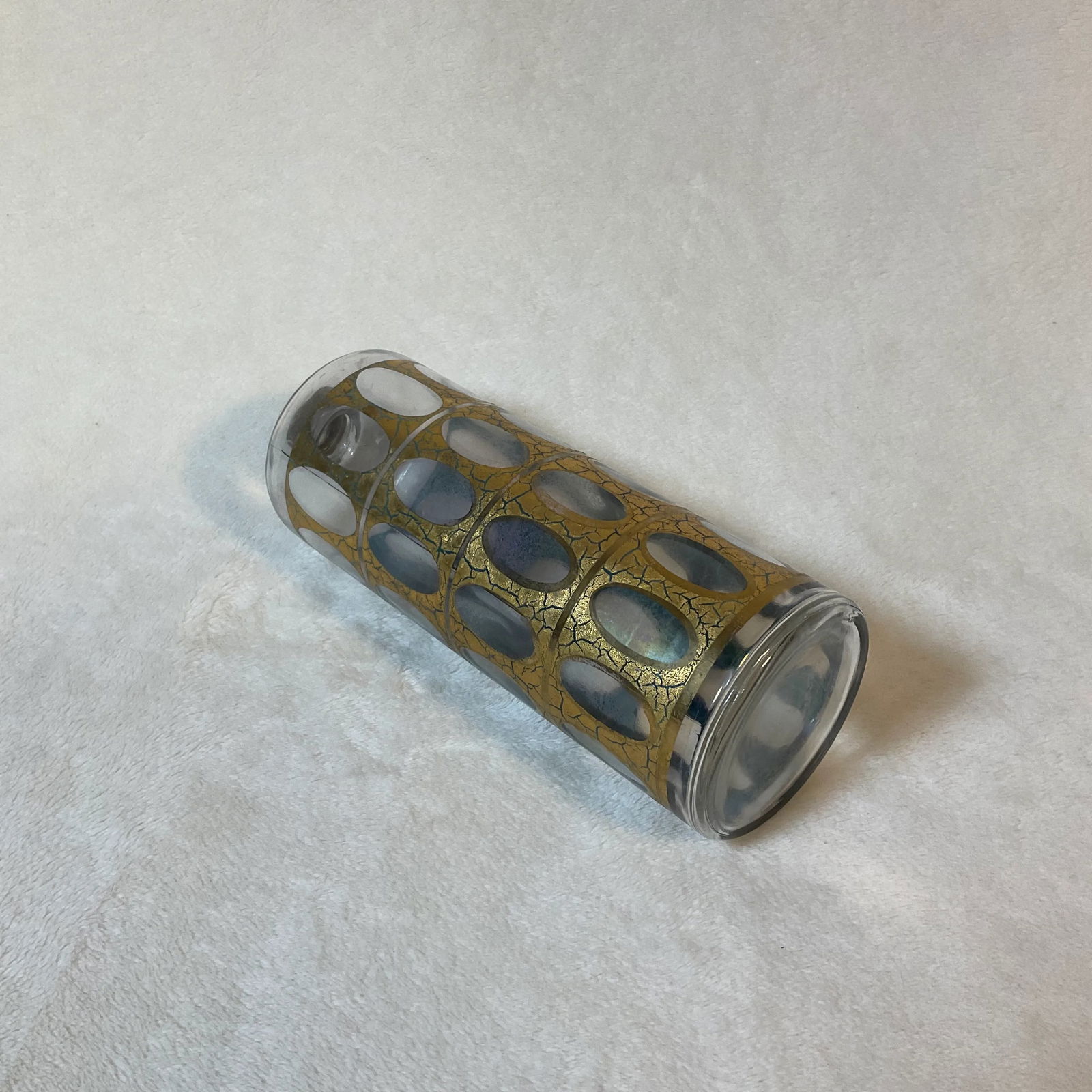 Vintage MCM Culver Gold Blue Crackle Pisa Pattern Cocktail Dispenser and Shot Glasses 22k 1960s Barw - 4