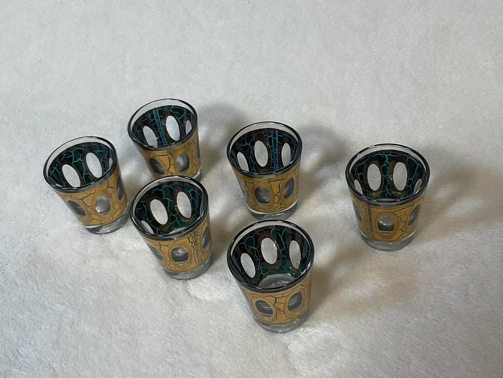 Vintage MCM Culver Gold Blue Crackle Pisa Pattern Cocktail Dispenser and Shot Glasses 22k 1960s Barw - 6