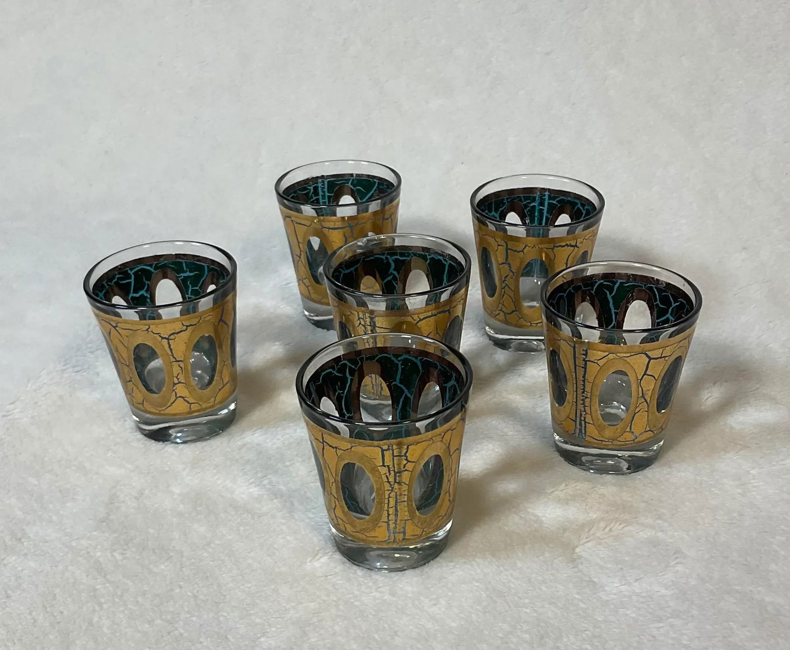 Vintage MCM Culver Gold Blue Crackle Pisa Pattern Cocktail Dispenser and Shot Glasses 22k 1960s Barw - 8
