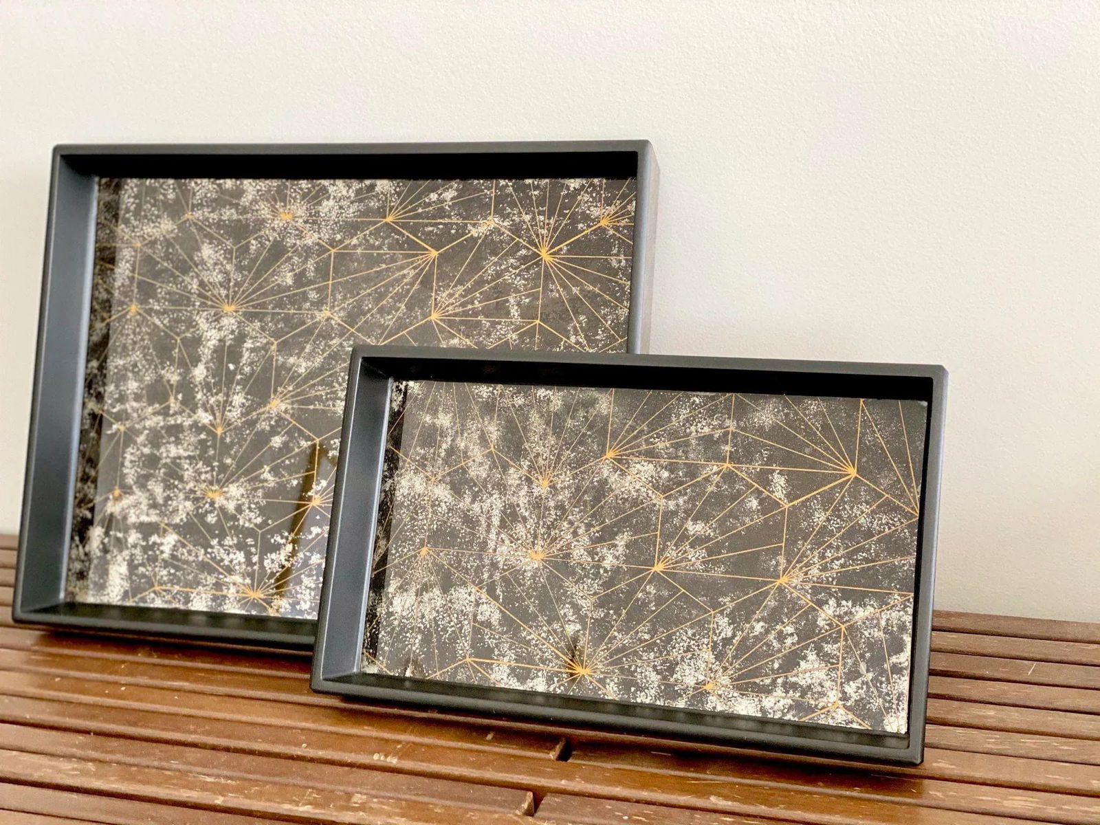 Pigeon & Poodle Solara Optic Painted Mirror Black Nesting Trays - A Pair - 2