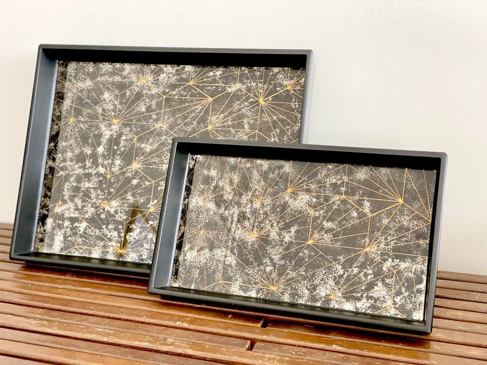 Pigeon & Poodle Solara Optic Painted Mirror Black Nesting Trays - A Pair - 3