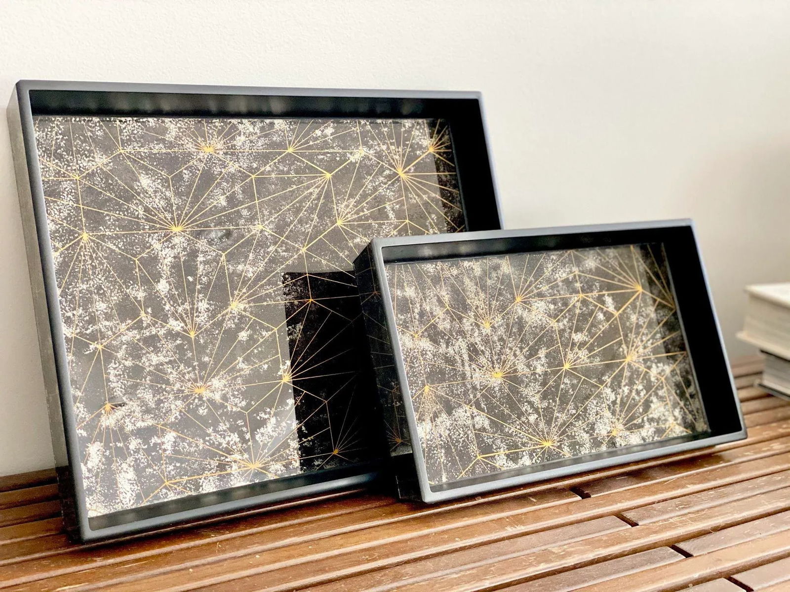 Pigeon & Poodle Solara Optic Painted Mirror Black Nesting Trays - A Pair - 4