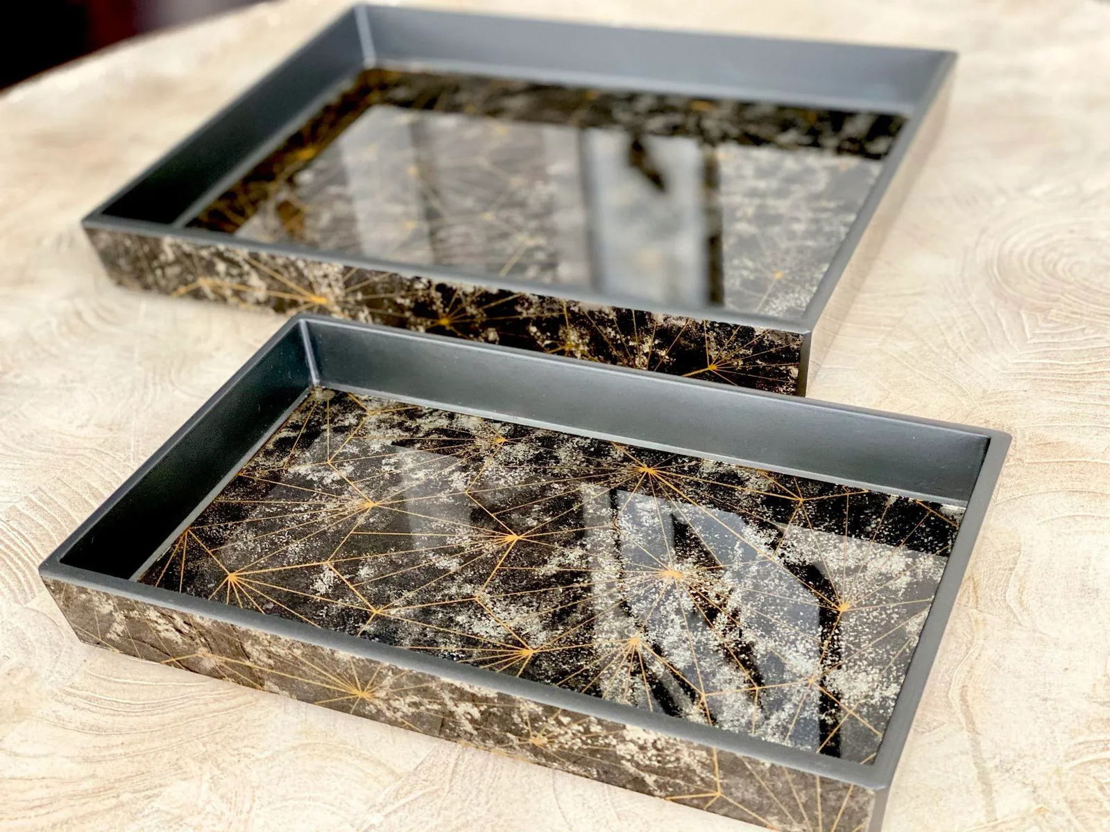 Pigeon & Poodle Solara Optic Painted Mirror Black Nesting Trays - A Pair - 6