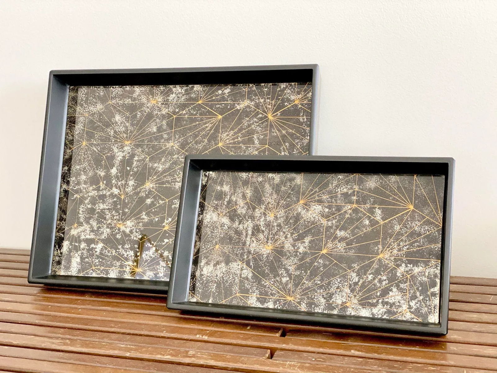 Pigeon & Poodle Solara Optic Painted Mirror Black Nesting Trays - A Pair - 7