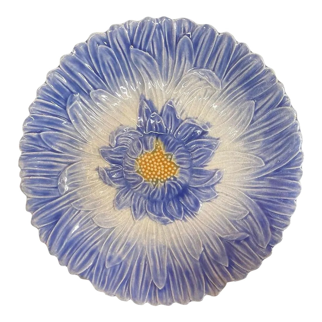 Orchies Majolica Blue Dahlia Plate: A beautiful Orchies majolica Blue Dahlia floral plate. Mark of reverse. Belgium, circa 1880. Condition: Alterations: Original Condition Unaltered Imperfections: Some Imperfections Condition Notes:
