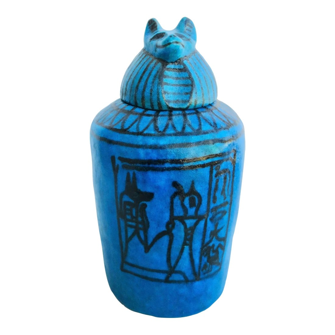 Metropolitan Museum of Art Egyptian Faience Canopotic Jar Circa 1980s': Metropolitan Museum of Art Egyptian collection. Faience canopic jar with deep blue glaze. It is marked with the MMA logo on the underside. Early style and meant to hold the organs of the mummy. A