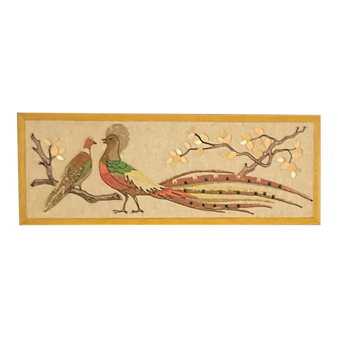 Vintage 1960s Rock Pebble & Ceramic Golden Pheasant Mid Century Modern Wall Art: Vintage 1960's gravel wall art of two pheasants and nicely framed with oak. Ready to be hung. Condition: Alterations: Original Condition Unaltered Imperfections: Some Imperfections Condition Notes: 3