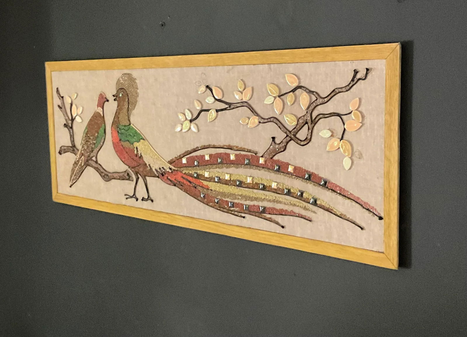 Vintage 1960s Rock Pebble & Ceramic Golden Pheasant Mid Century Modern Wall Art - 2