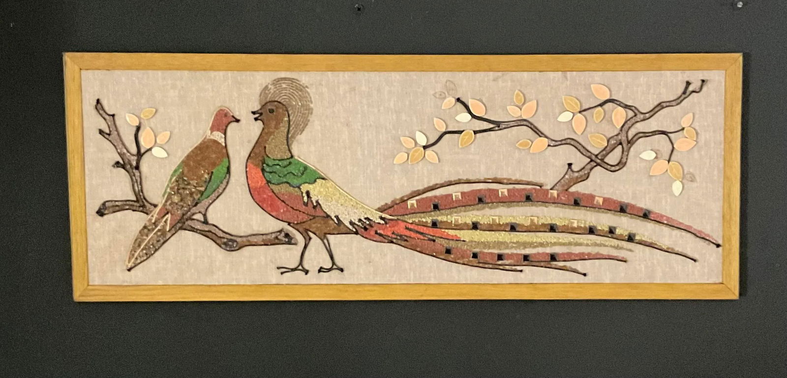 Vintage 1960s Rock Pebble & Ceramic Golden Pheasant Mid Century Modern Wall Art - 3