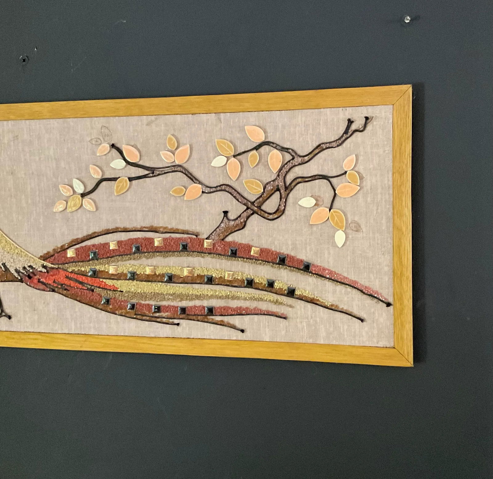 Vintage 1960s Rock Pebble & Ceramic Golden Pheasant Mid Century Modern Wall Art - 8