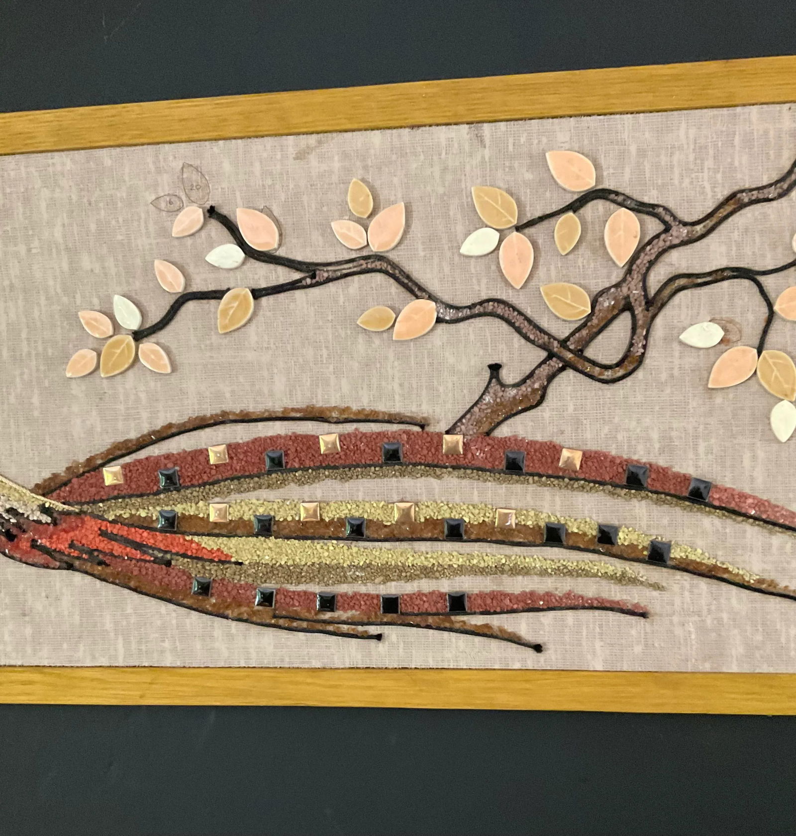 Vintage 1960s Rock Pebble & Ceramic Golden Pheasant Mid Century Modern Wall Art - 9