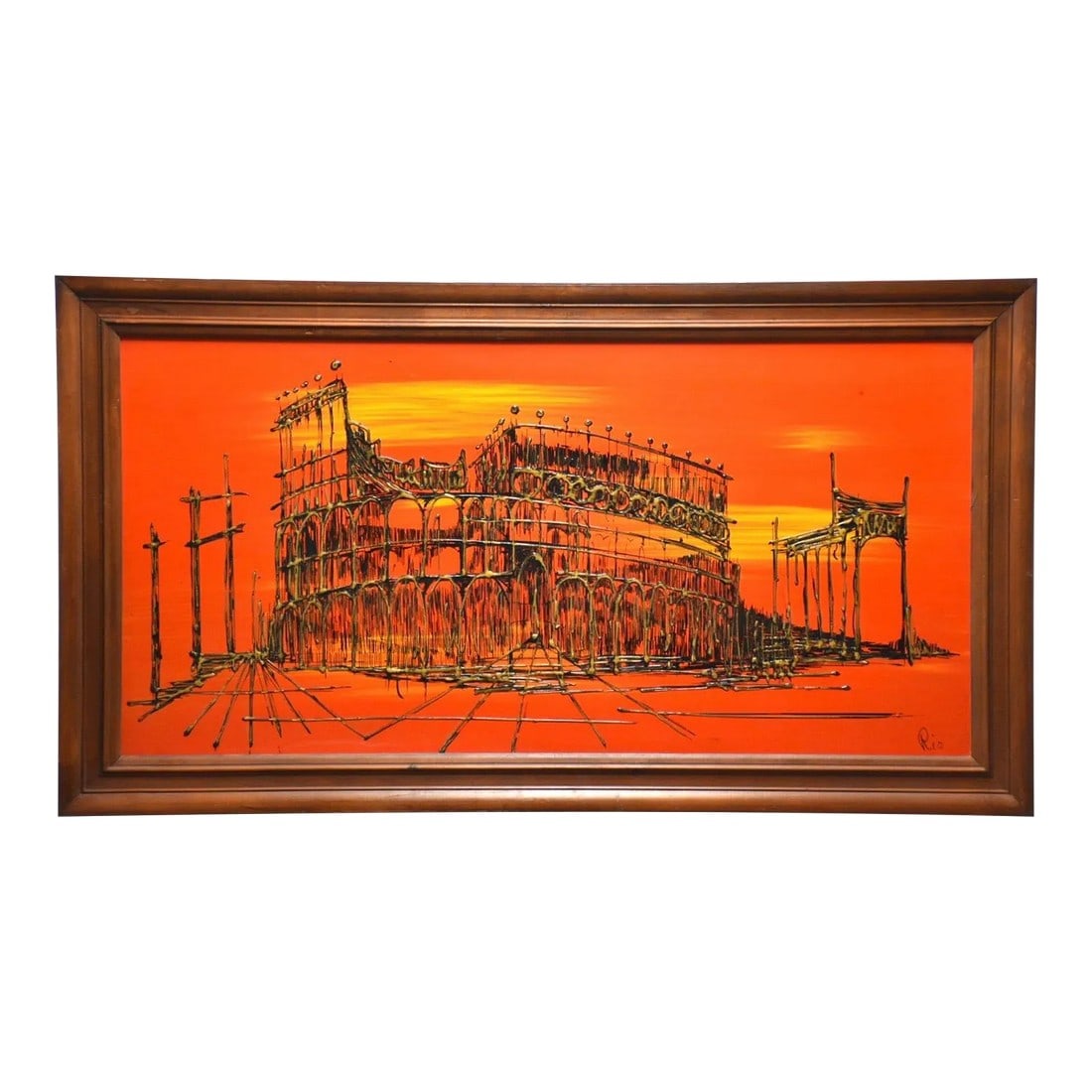 Van Gaard Studio Colosseum Oil Painting Signed Rio: A bright framed oil painting of the Greek colosseum using drip paint signed by Rio, a student at the Van Gaard. Circa 1960 54" wide 30" tall. Condition: Alterations: Original Condition Unaltered