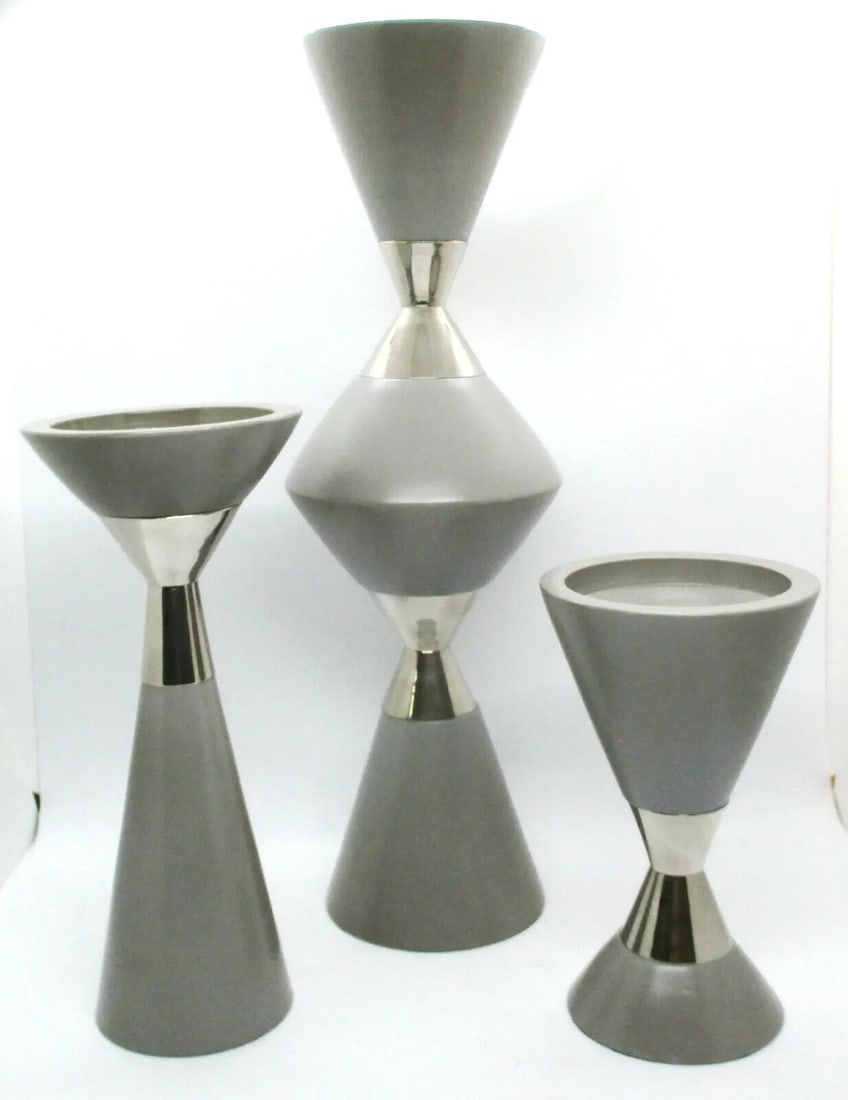 Global Views Dwell Studios Hourglass Pillar Candle Holders in Gray and Silver - Set of 3 - 2