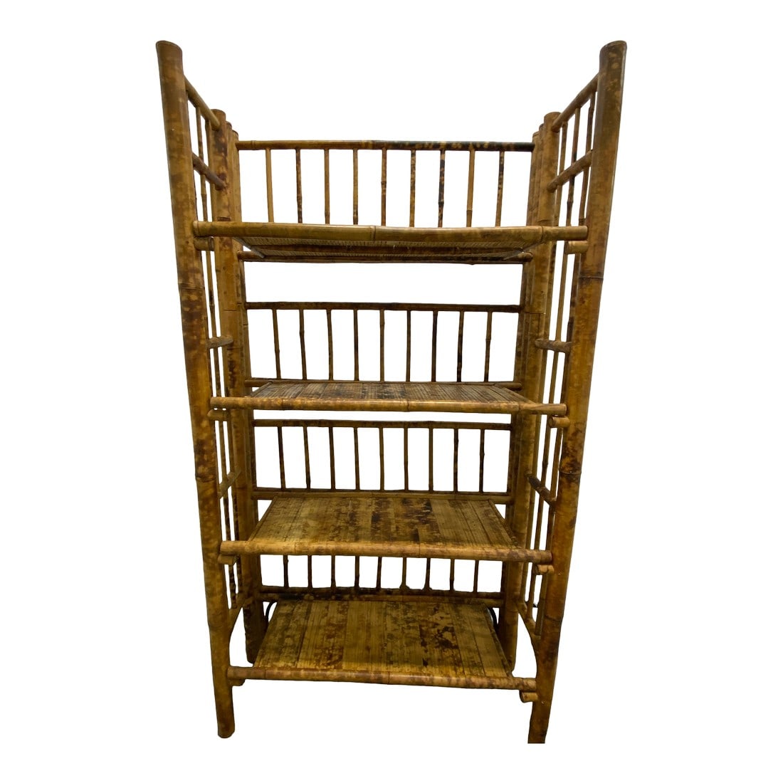 1970s Tall Vintage Burnt Bamboo Faux Tortoise Shell Four Shelf Etagere: One large, deep and useful burnt bamboo case with four shelves. The wood is nicely figured and has some good knobby bamboo joints. At over four feet tall, two feet wide and a foot deep, this shelf is