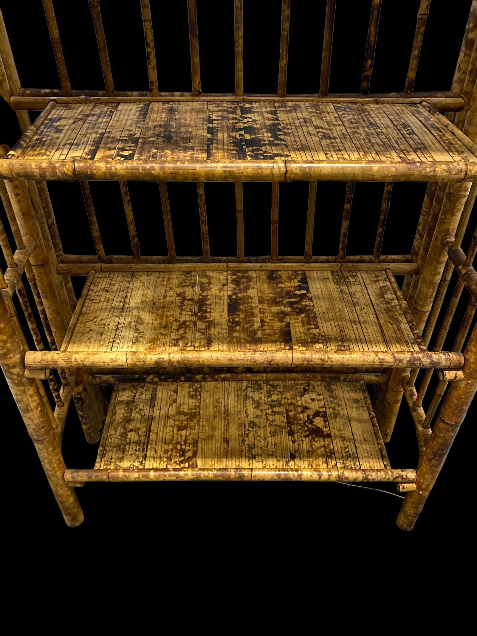 1970s Tall Vintage Burnt Bamboo Faux Tortoise Shell Four Shelf Etagere - 5