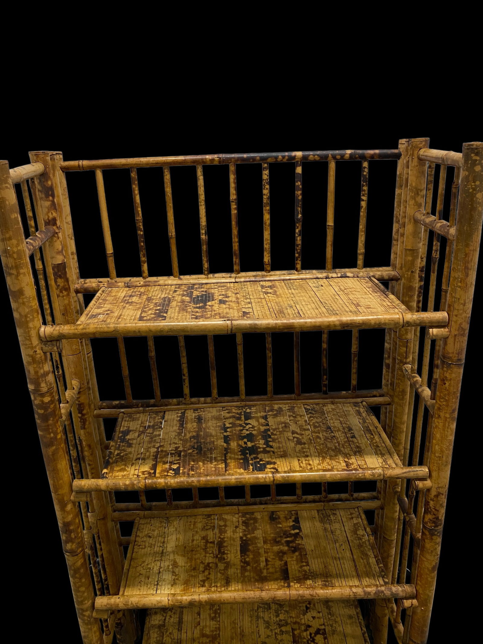 1970s Tall Vintage Burnt Bamboo Faux Tortoise Shell Four Shelf Etagere - 6