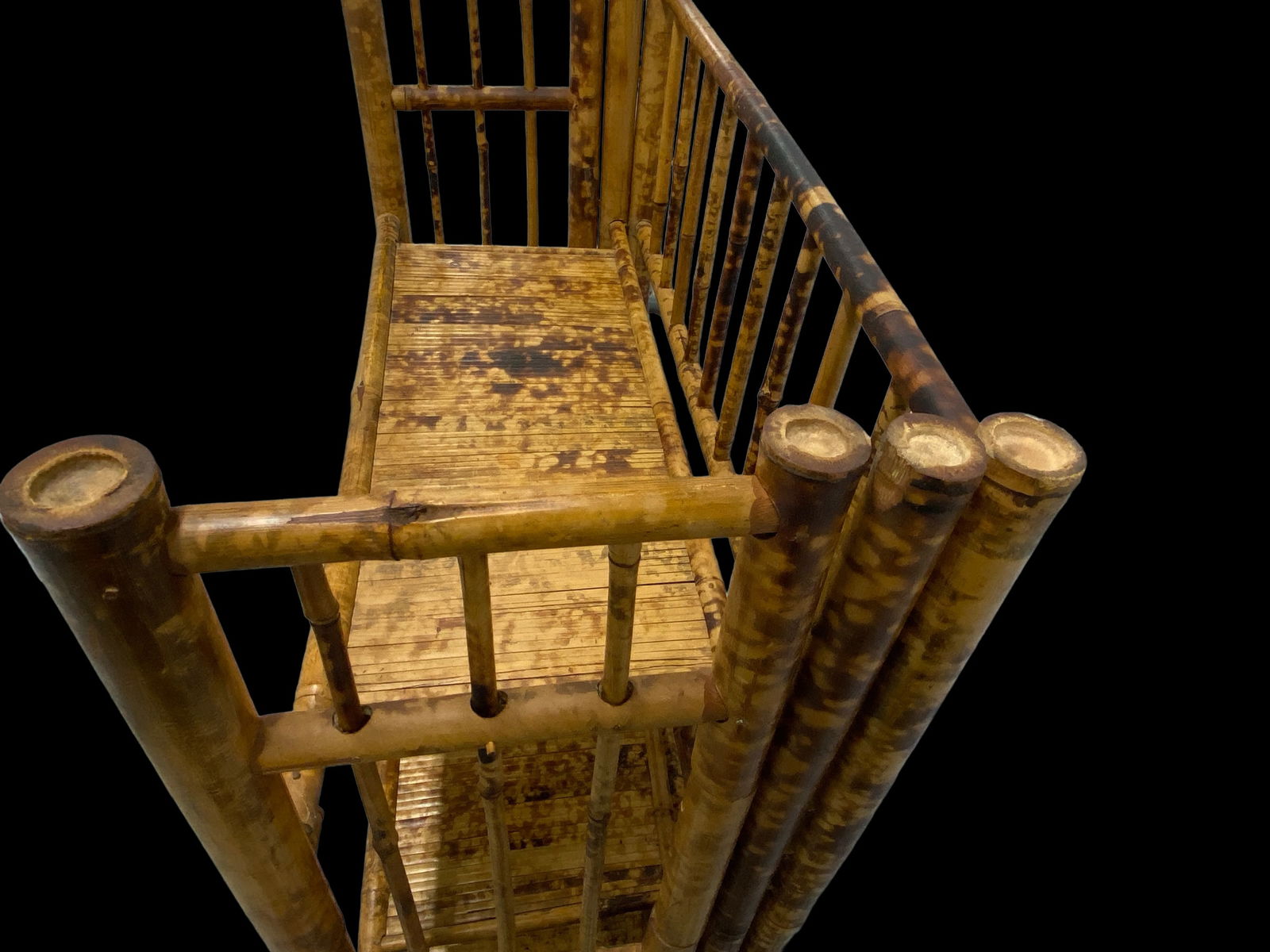 1970s Tall Vintage Burnt Bamboo Faux Tortoise Shell Four Shelf Etagere - 9