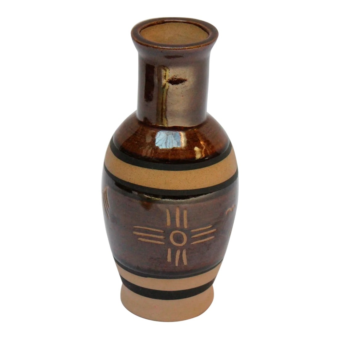 Vintage Incised Southwestern Stoneware Vase in the Style of Native American Arts and Crafts: Southwestern style stoneware vase with black banding and brown glaze with incised Native American symbols (ca. 1970s, USA). Some of the recognizable symbols are a thunderbird track (meaning bright