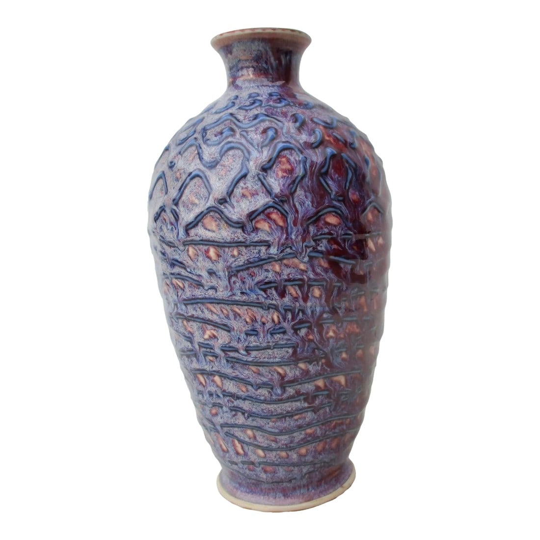 Studio Flambe Glaze Vase: Studio Flambe vase. Asian design. Raised, ribbed, and sculpted blue waves in a field of melting purple and red colors. Stylized glyph signature to the underside. Classic vase form with modern