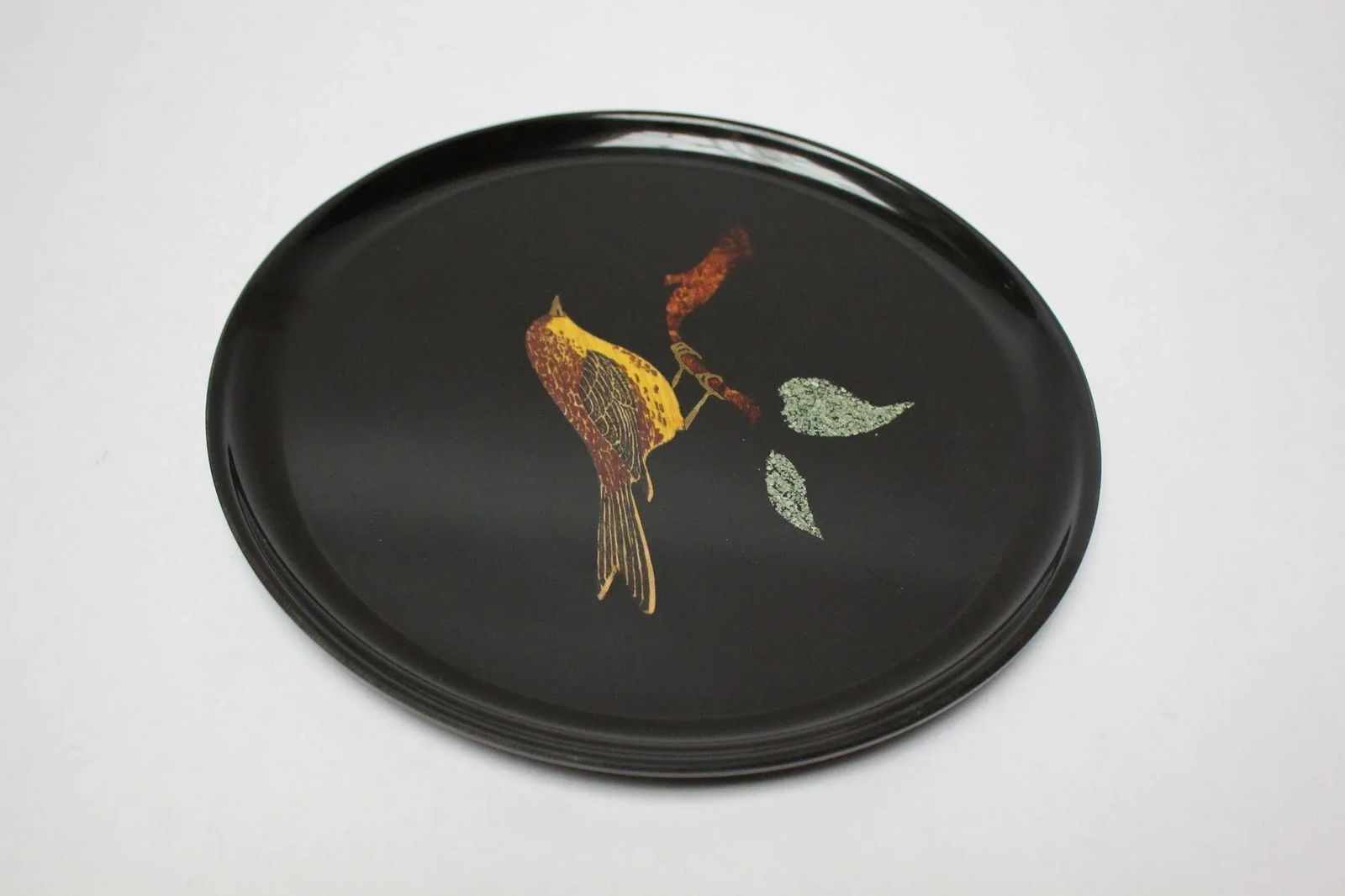 Pair of Mid-Century Black Resin Inlaid "Bird" Plates by Couroc - 11