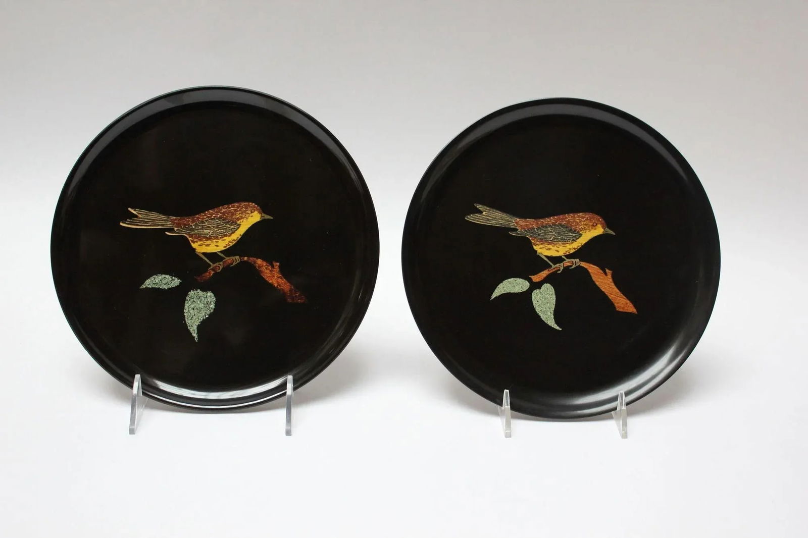 Pair of Mid-Century Black Resin Inlaid "Bird" Plates by Couroc - 12