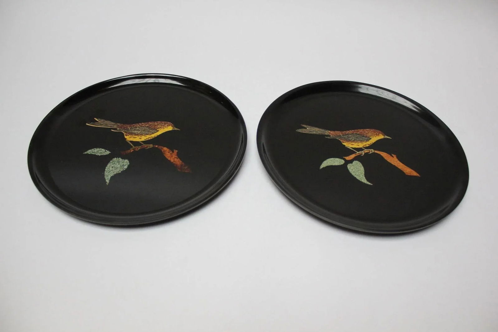 Pair of Mid-Century Black Resin Inlaid "Bird" Plates by Couroc - 2