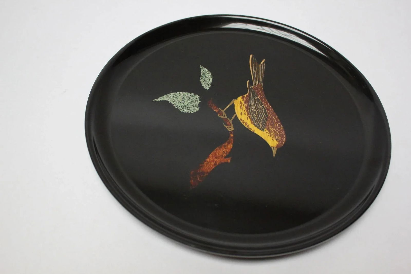Pair of Mid-Century Black Resin Inlaid "Bird" Plates by Couroc - 3