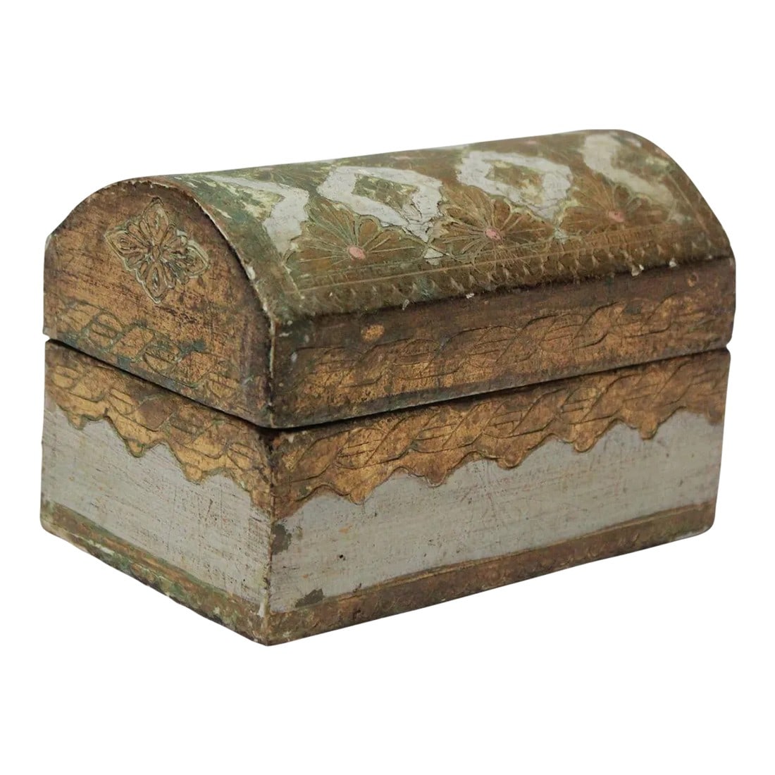 Vintage Italian Florentine Gilt-Wood Domed Box: Florentine gilt-wood hinged jewelry box with hand-painted detail (ca. 1970s, Italy manufactured for the US retail market). Opens to reveal unlined storage ideal for for jewelry / trinkets. Attractive