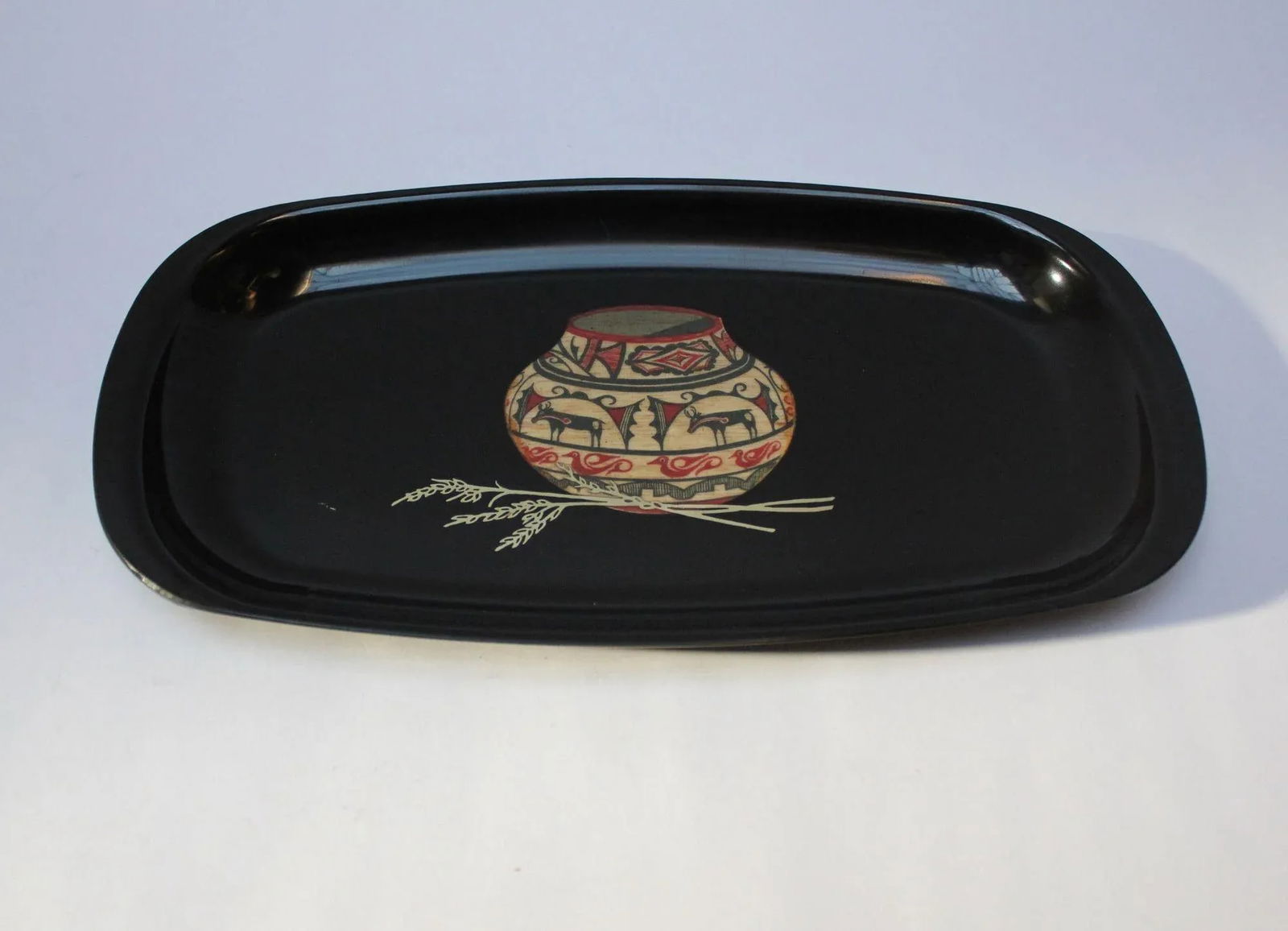 Mid-Century Black Resin Inlaid Native American/Southwest Style "Pottery Bowl With Deer" Tray by Cour - 2