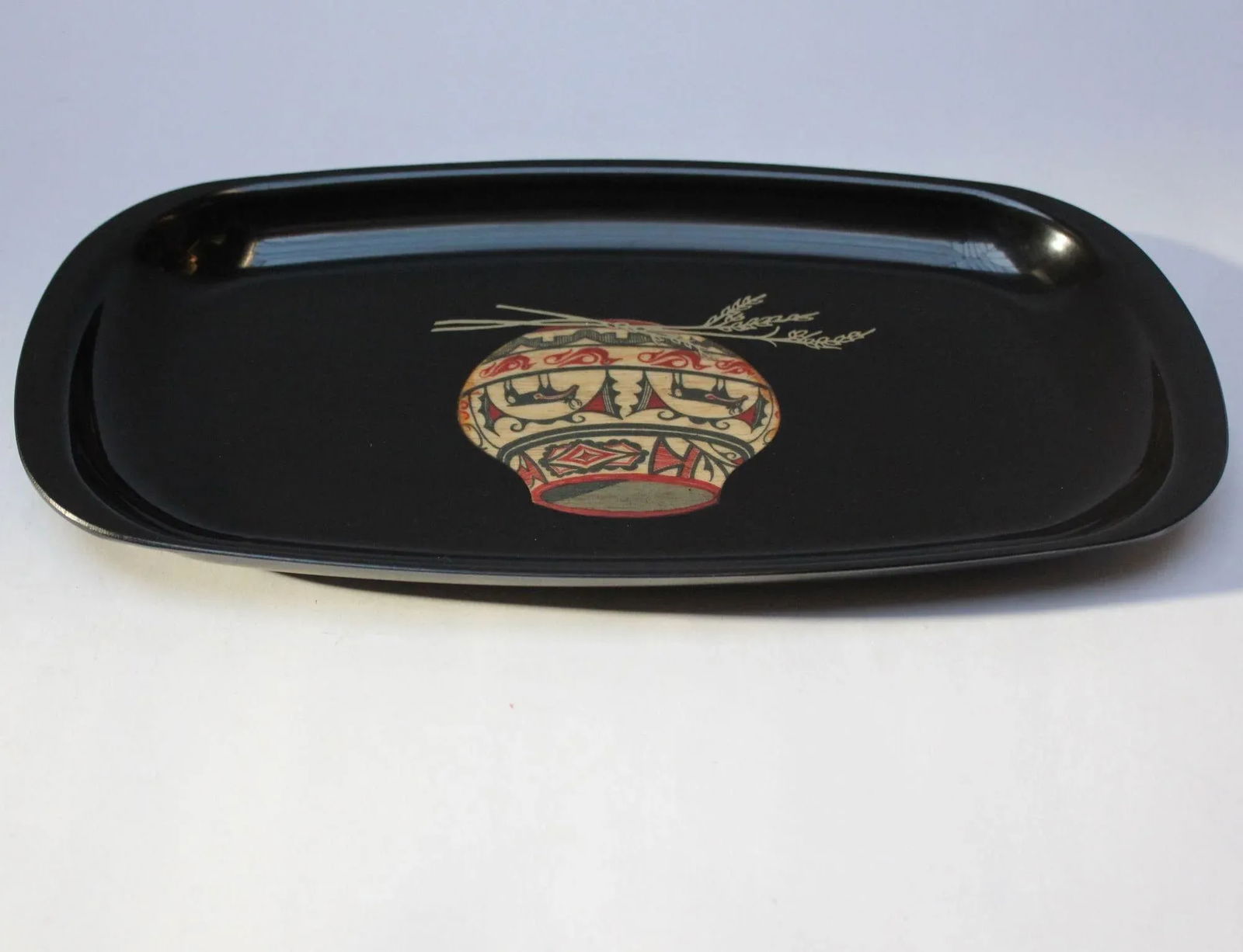 Mid-Century Black Resin Inlaid Native American/Southwest Style "Pottery Bowl With Deer" Tray by Cour - 4