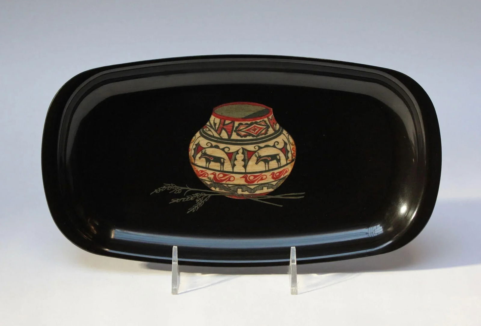 Mid-Century Black Resin Inlaid Native American/Southwest Style "Pottery Bowl With Deer" Tray by Cour - 9