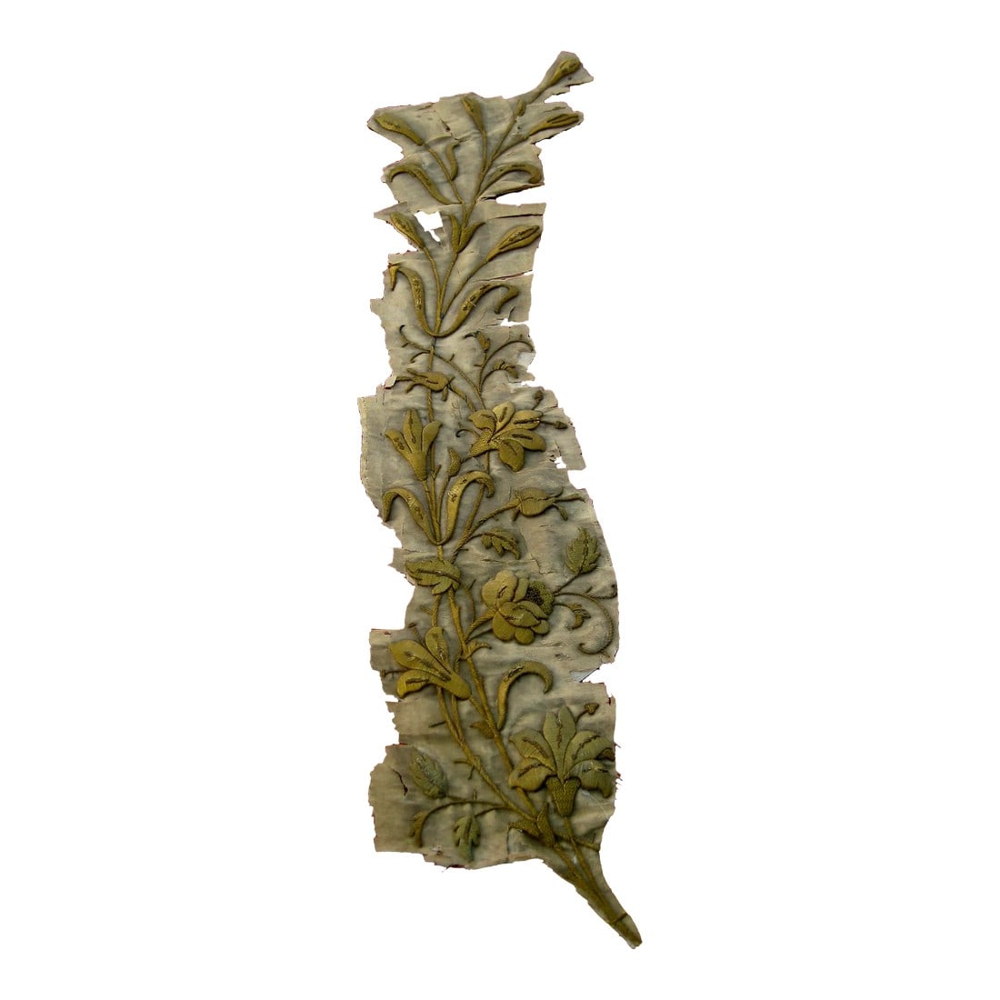 Early 19th Century Gold Embroidery Banner Fragment Flowers Branch (B): This embroidery comes from a banner of the 1800 hundreds and is all gold metallic treads, you will find multiple flowers and decorative elements the embroideries are thick and large, this was the left