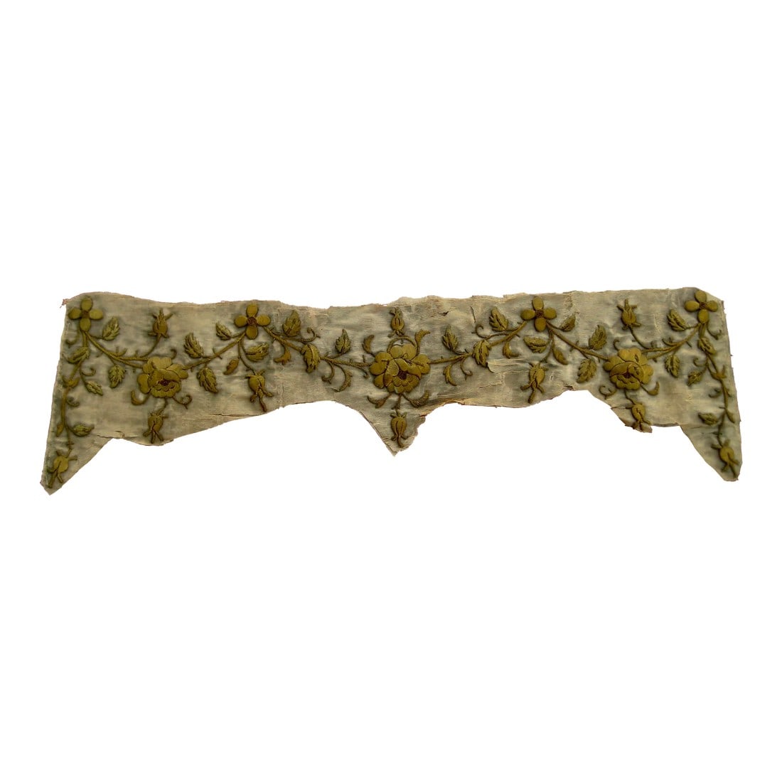 Antique Gold Embroidery Fragment Garland of Roses: You have here a very lovely fragment of a banner that shows beautiful thick embroideries in gold metallic threads , with a numerous of leaves and unopened roses , lovely design easy to use as a piece